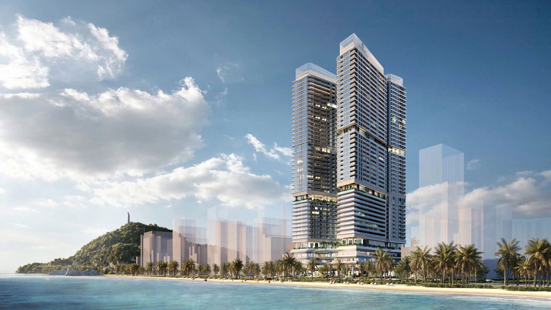 Ảnh phối cảnh 3D toàn cảnh mặt ngoài (Facade) của tòa tháp đôi Five Star Poseidon vươn cao bên bờ biển Bãi Sau