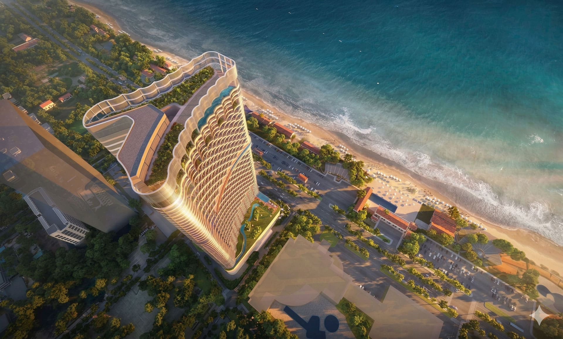Với chiều cao 185m cùng thiết kế lấy cảm hứng từ sóng biển, Five Star Poseidon kiêu hãnh vươn mình trở thành công trình biểu tượng mới trên đường chân trời Bãi Sau Vũng Tàu.